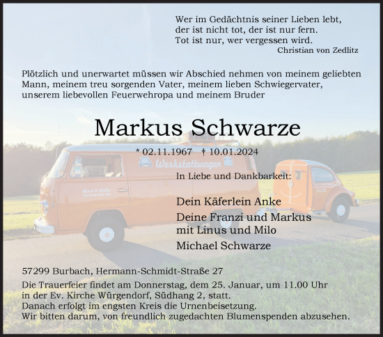 Traueranzeige von Markus Schwarze von Siegener Zeitung
