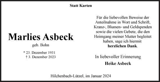 Traueranzeige von Marlies Asbeck von Siegener Zeitung