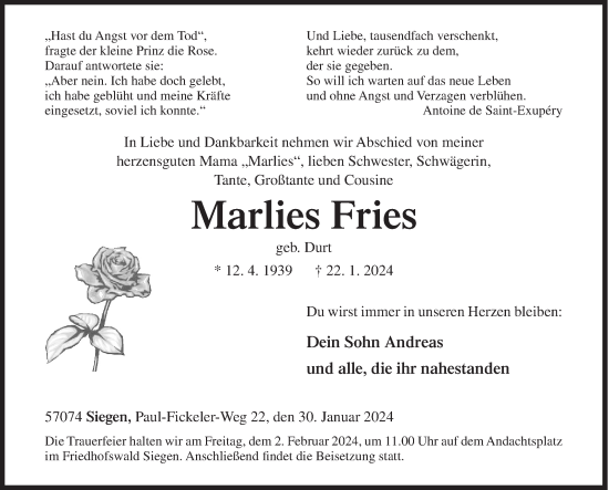 Traueranzeige von Marlies Fries von Siegener Zeitung