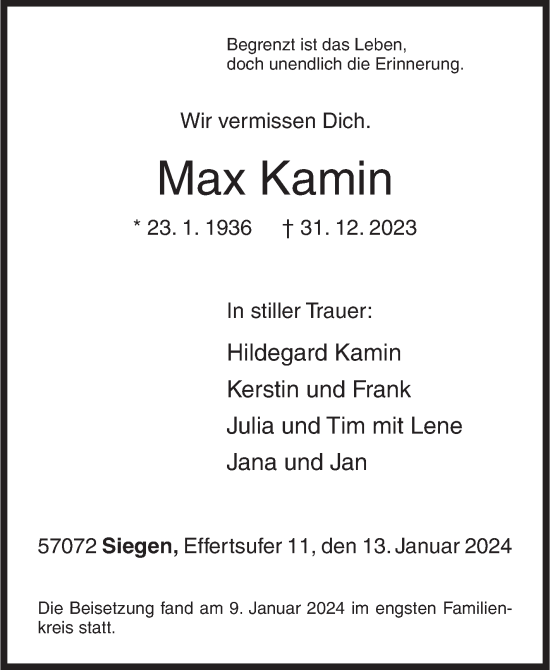 Traueranzeige von Max Kamin von Siegener Zeitung