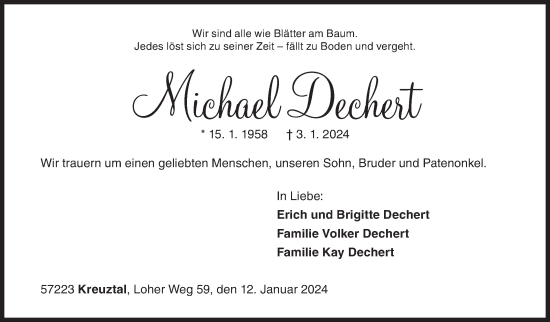 Traueranzeige von Michael Dechert von Siegener Zeitung