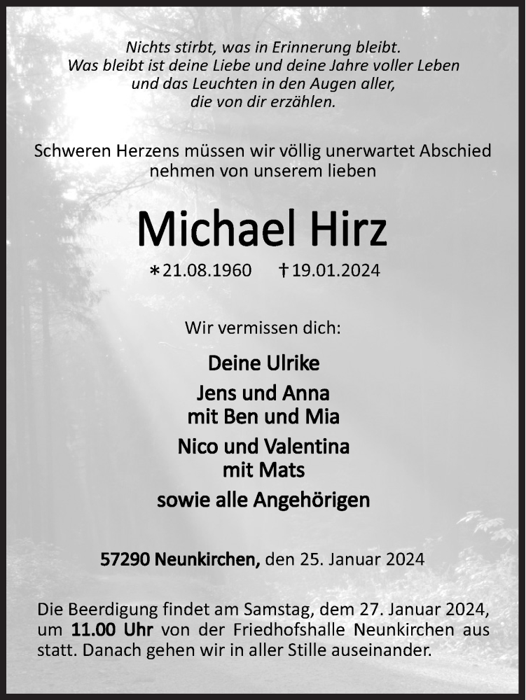  Traueranzeige für Michael Hirz vom 25.01.2024 aus Siegener Zeitung