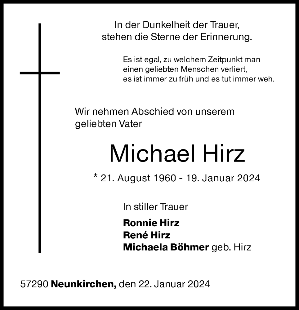 Traueranzeige für Michael Hirz vom 22.01.2024 aus Siegener Zeitung