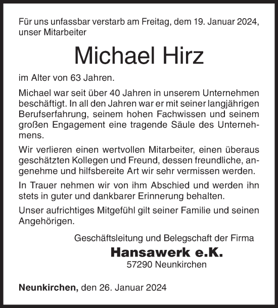 Traueranzeige von Michael Hirz von Siegener Zeitung