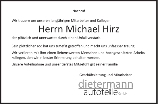 Traueranzeige von Michael Hirz von Siegener Zeitung