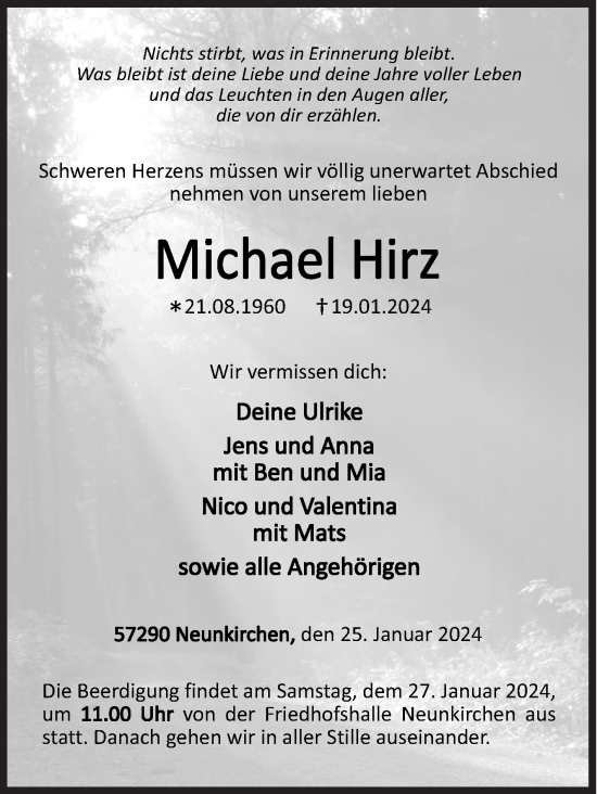 Traueranzeige von Michael Hirz von Siegener Zeitung