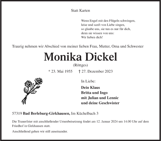 Traueranzeige von Monika Dickel von Siegener Zeitung