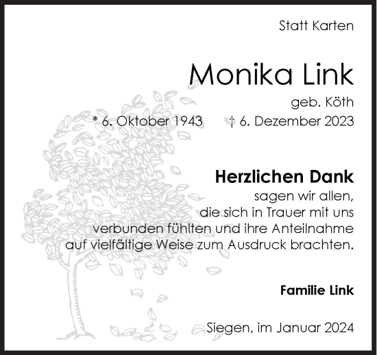 Traueranzeige von Monika Link von Siegener Zeitung