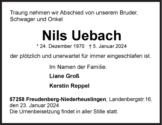 Traueranzeige von Nils Uebach von Siegener Zeitung