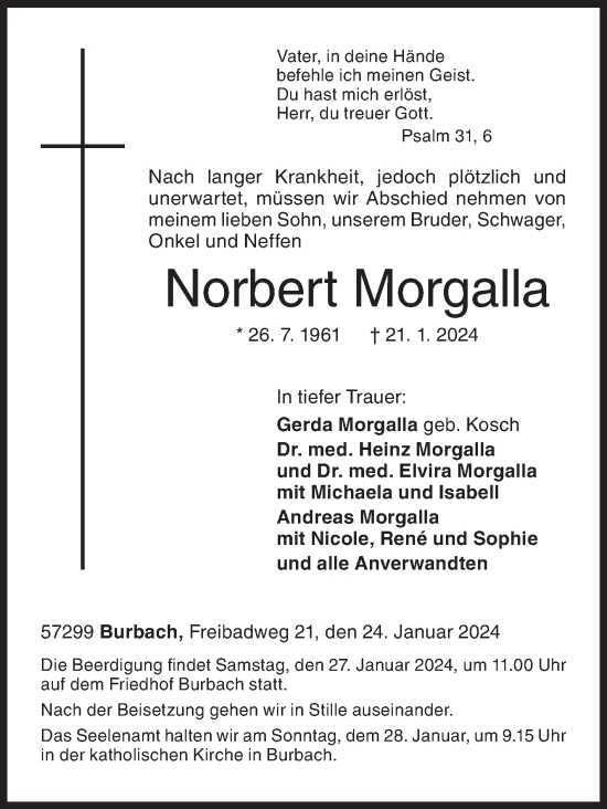Traueranzeige von Norbert Morgalla von Siegener Zeitung