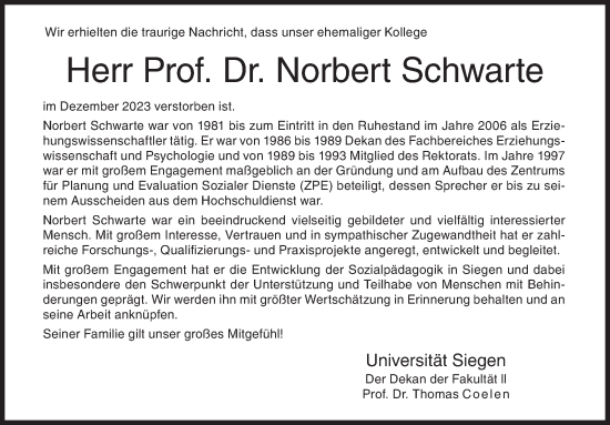 Traueranzeige von Norbert Schwarte von Siegener Zeitung