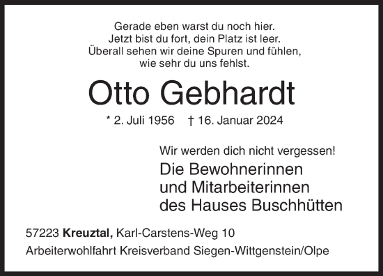 Traueranzeige von Otto Gebhardt von Siegener Zeitung