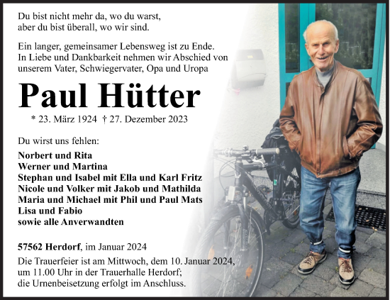 Traueranzeige von Paul Hütter von Siegener Zeitung