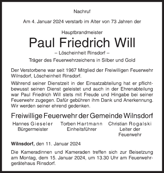 Traueranzeige von Paul Friedrich Will von Siegener Zeitung