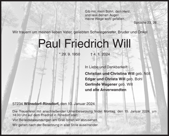 Traueranzeige von Paul Friedrich Will von Siegener Zeitung