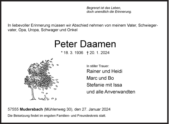 Traueranzeige von Peter Daamen von Siegener Zeitung