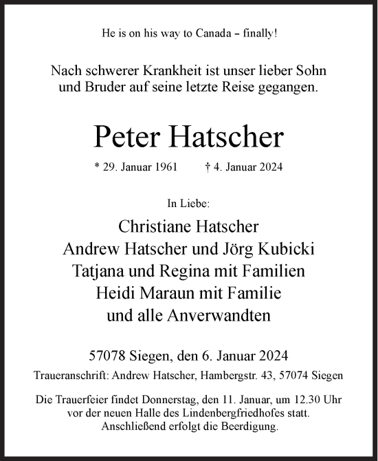 Traueranzeige von Peter Hatscher von Siegener Zeitung