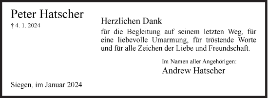 Traueranzeige von Peter Hatscher von Siegener Zeitung
