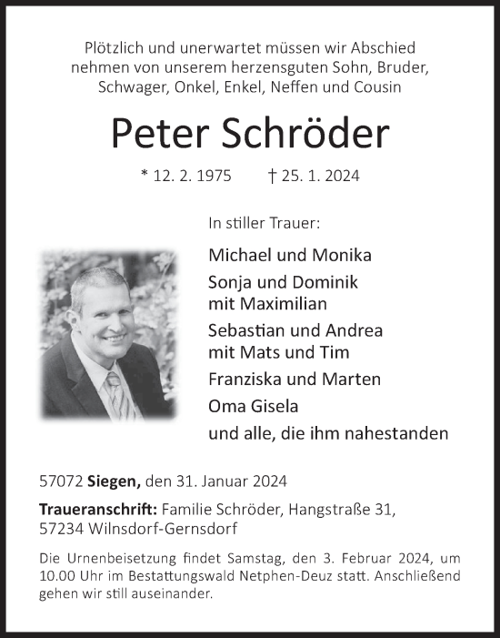 Traueranzeige von Peter Schröder von Siegener Zeitung