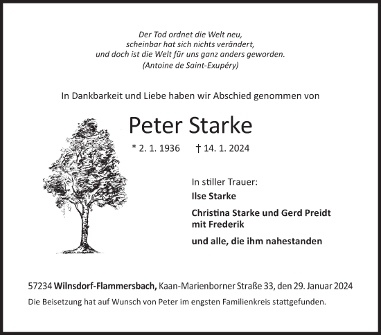 Traueranzeige von Peter Starke von Siegener Zeitung