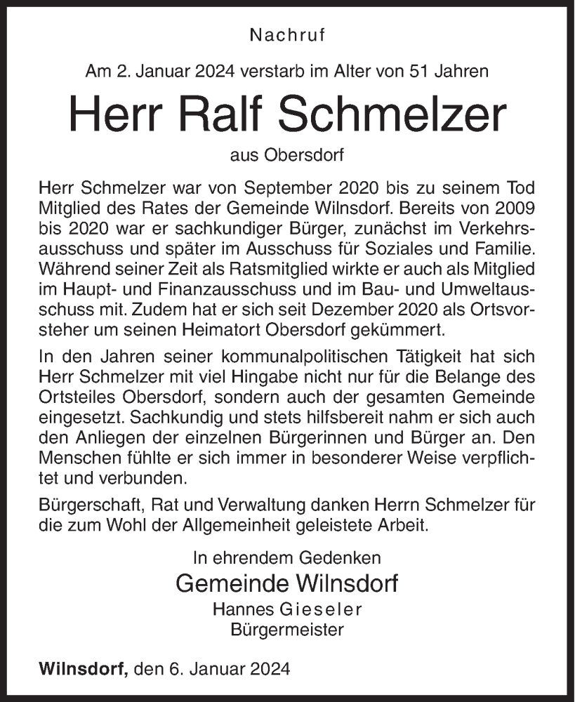  Traueranzeige für Ralf Schmelzer vom 06.01.2024 aus Siegener Zeitung