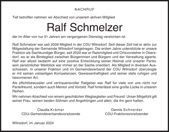 Traueranzeige von Ralf Schmelzer von Siegener Zeitung
