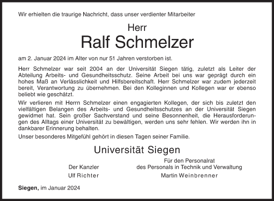 Traueranzeige von Ralf Schmelzer von Siegener Zeitung