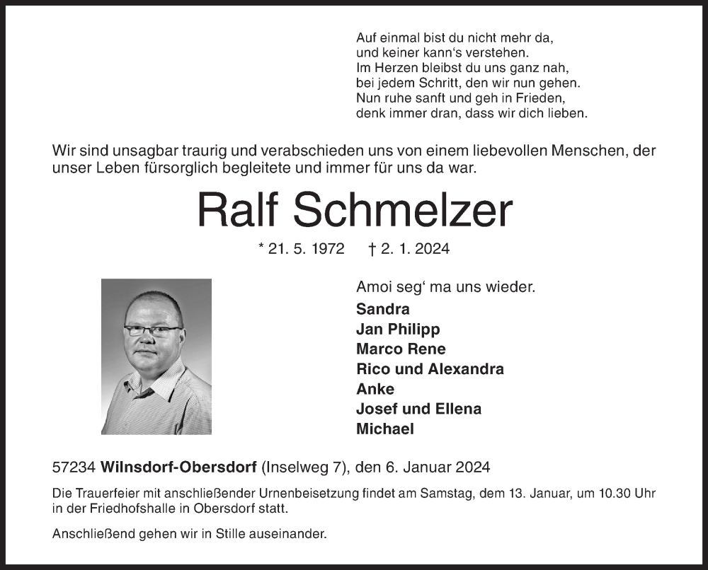  Traueranzeige für Ralf Schmelzer vom 06.01.2024 aus Siegener Zeitung