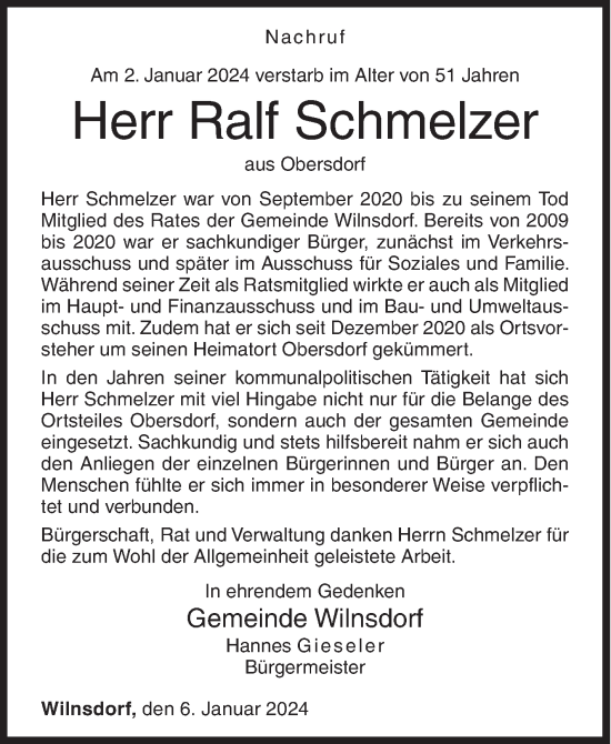 Traueranzeige von Ralf Schmelzer von Siegener Zeitung