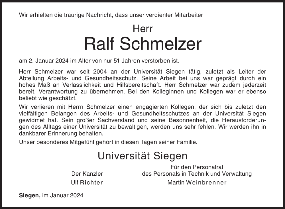  Traueranzeige für Ralf Schmelzer vom 08.01.2024 aus Siegener Zeitung