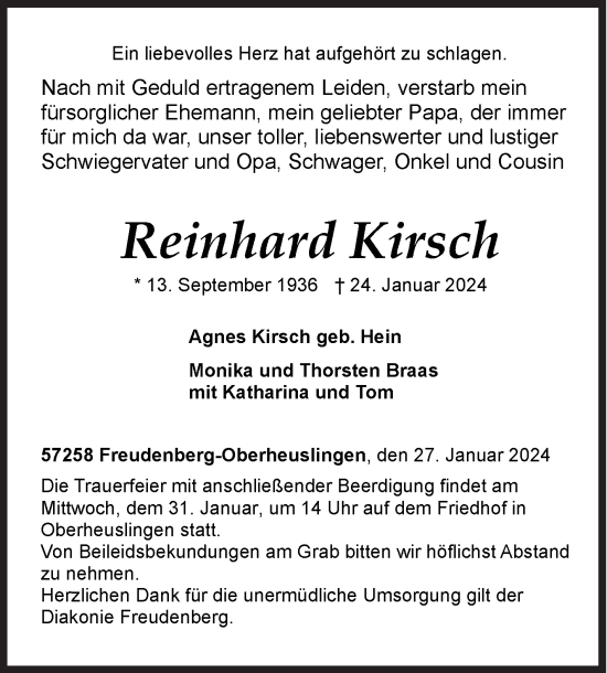 Traueranzeige von Reinhard Kirsch von Siegener Zeitung
