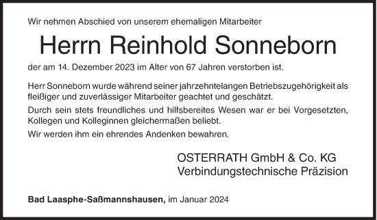Traueranzeige von Reinhold Sonneborn von Siegener Zeitung