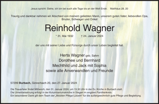 Traueranzeige von Reinhold Wagner von Siegener Zeitung