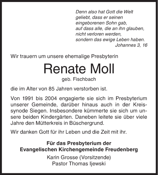 Traueranzeige von Renate Moll von Siegener Zeitung