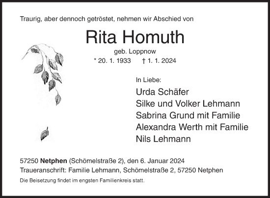 Traueranzeige von Rita Homuth von Siegener Zeitung