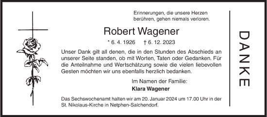 Traueranzeige von Robert Wagener von Siegener Zeitung