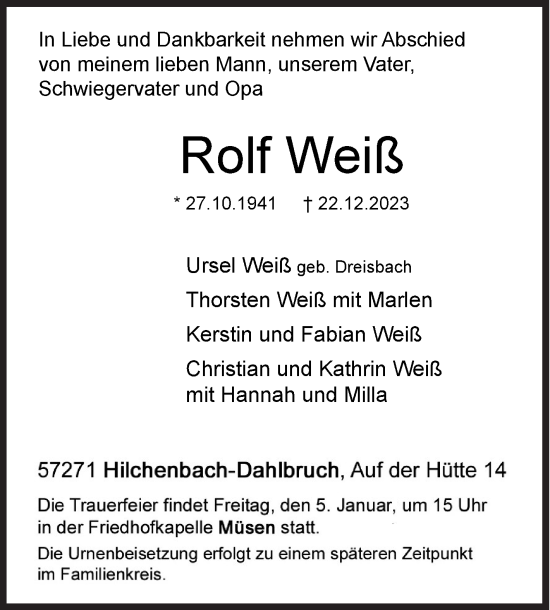 Traueranzeige von Rolf Weiß von Siegener Zeitung
