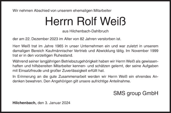 Traueranzeige von Rolf Weiß von Siegener Zeitung