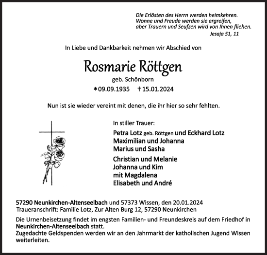 Traueranzeige von Rosmarie Röttgen von Siegener Zeitung