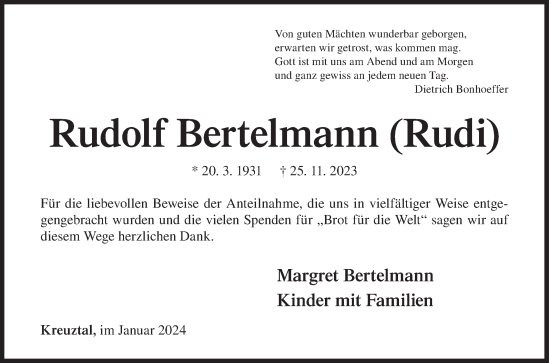 Traueranzeige von Rudolf Bertelmann von Siegener Zeitung