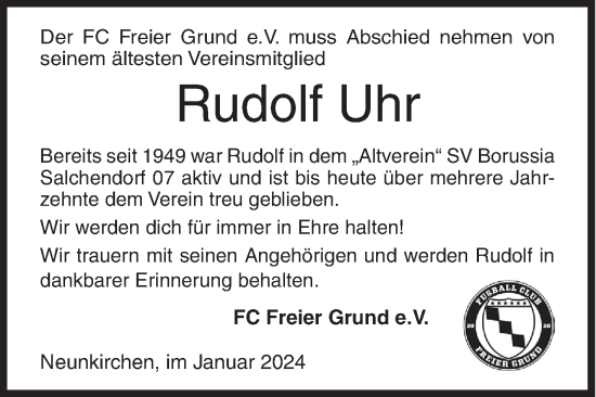 Traueranzeige von Rudolf Uhr von Siegener Zeitung