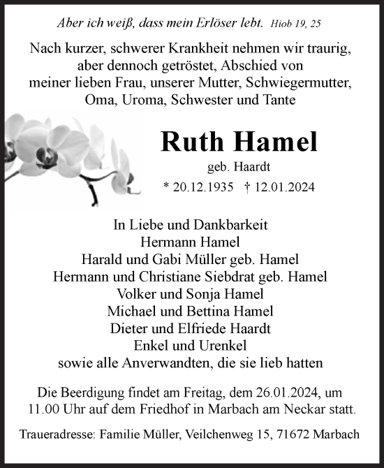 Traueranzeige von Ruth Hamel von Siegener Zeitung