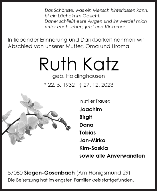 Traueranzeige von Ruth Katz von Siegener Zeitung