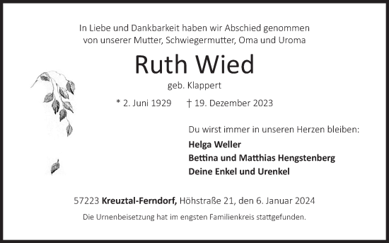 Traueranzeige von Ruth Wied von Siegener Zeitung
