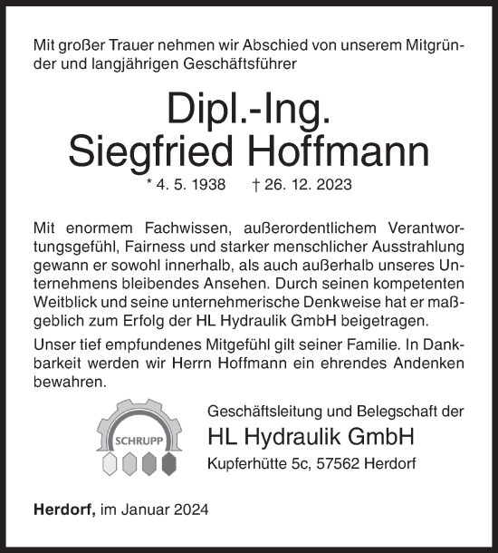 Traueranzeige von Siegfried Hoffmann von Siegener Zeitung