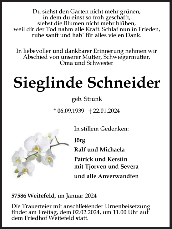 Traueranzeige von Sieglinde Schneider von Siegener Zeitung