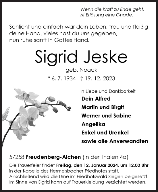 Traueranzeige von Sigrid Jeske von Siegener Zeitung