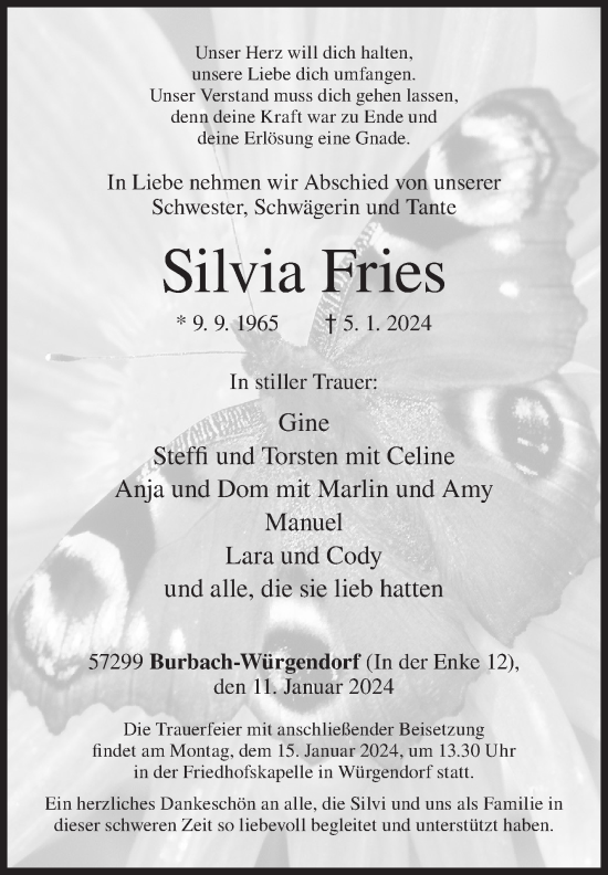 Traueranzeige von Silvia Fries von Siegener Zeitung
