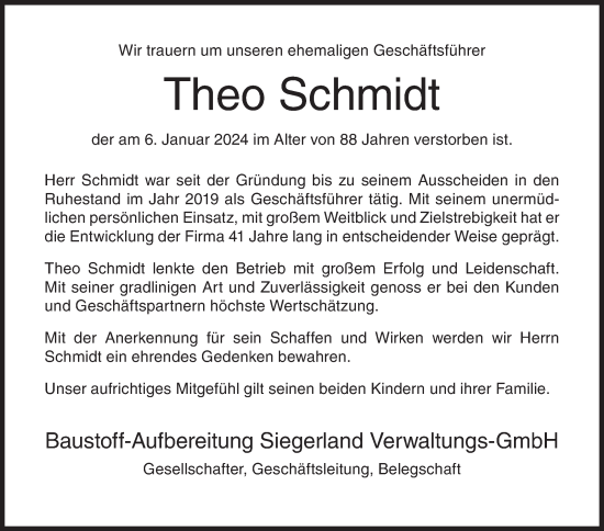 Traueranzeige von Theo Schmidt von Siegener Zeitung