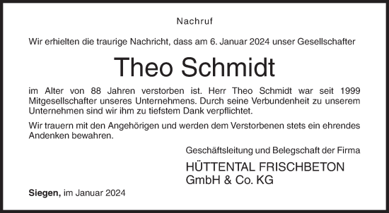 Traueranzeige von Theo Schmidt von Siegener Zeitung